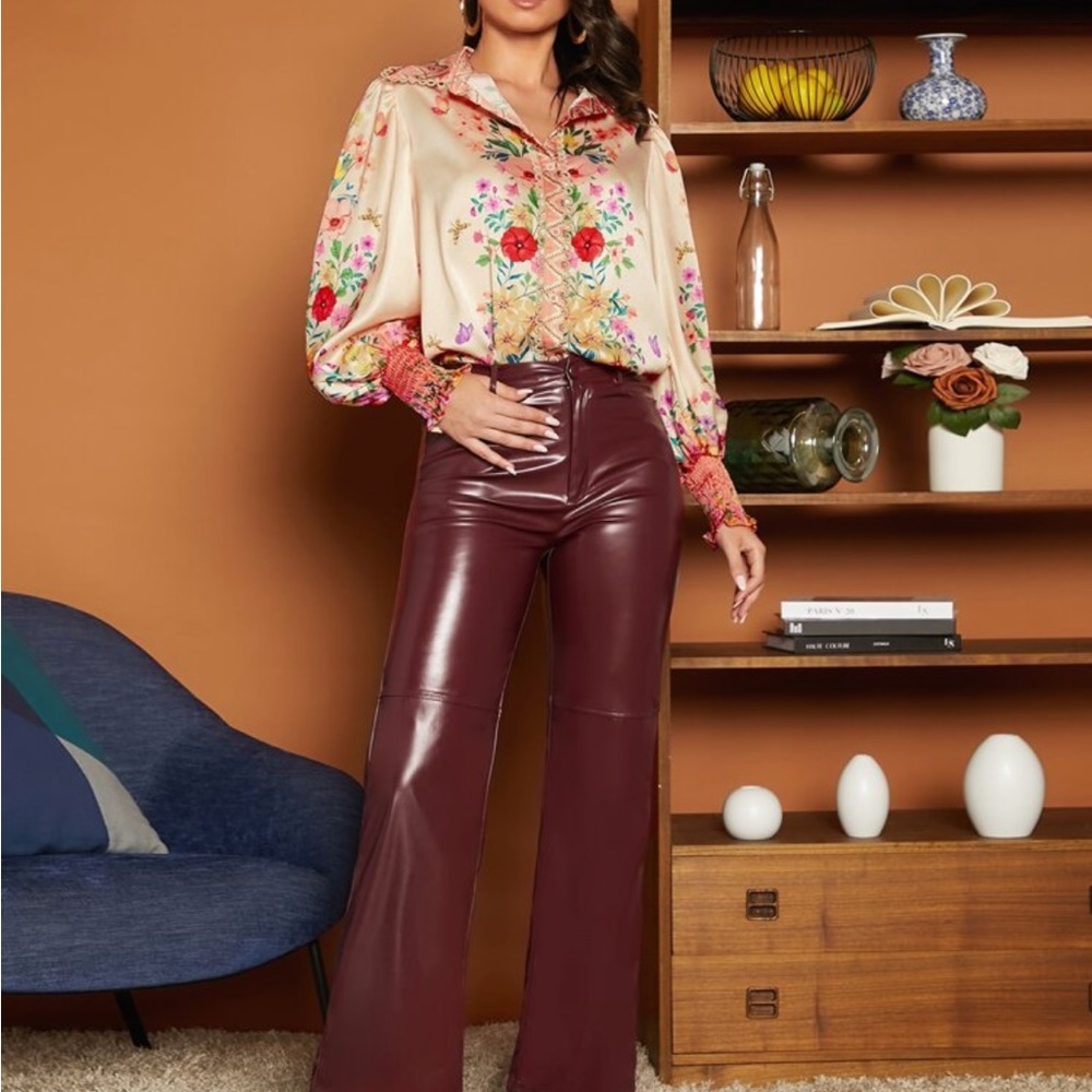 Boho Floral Print Long Sleeve Satin Button Down Shirt Top Blouse - Picture 3 of 4